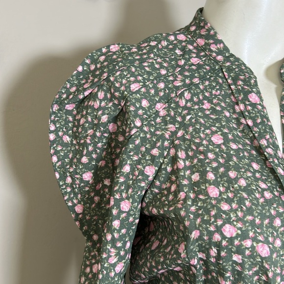 Maje Rakita Puff Sleeve Shirt Dress Green Pink Pleated Mini Floral Sz 38 US M - Picture 9 of 14